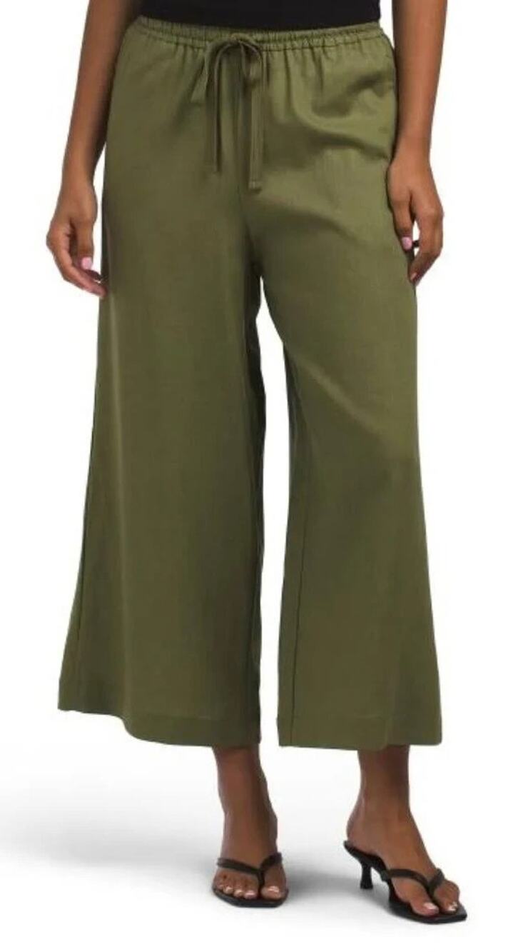 Max Studio Linen Blend Wide Leg Pants Womens size L Army Green Drawstring Waist